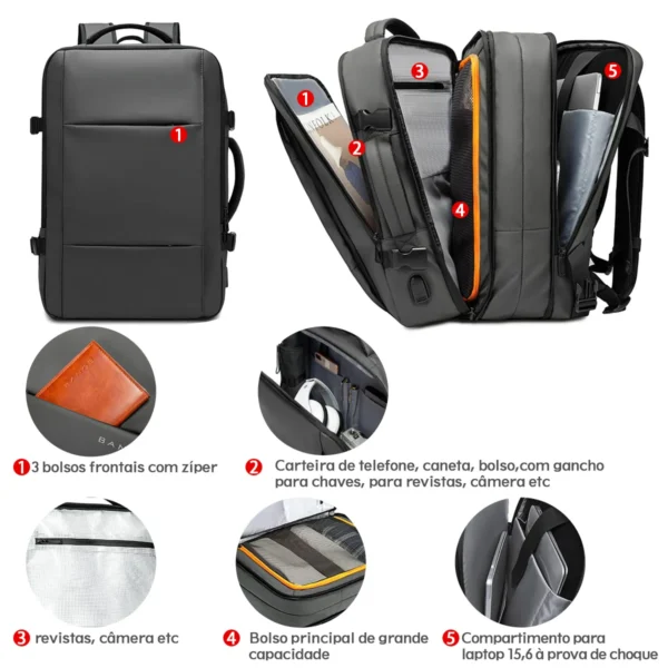 Mochila de viagem expansível.USB, à prova d'água,  bolsa para laptop de 17,3 polegadas - Image 2